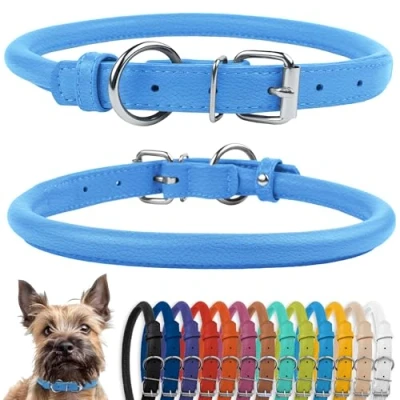 Image de CollarDirect Collier de Chien en Cuir roulé, Chiot Rond rembourré Doux, véritable Fait à la Main pour Petit Grand Chat (18 20 cm, Bleu texturé)