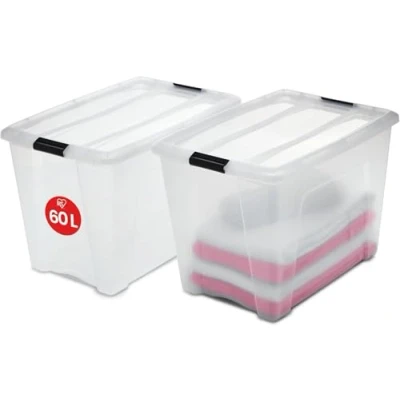 Image de Iris Ohyama, Boite Rangement Plastique avec Couvercle, 60L, Lot de 2, Transparent, Clips Fermeture, Poignée, Empilable, Organisation Solide &amp; Durable, pour Chambre, Dressing, Bureau, NTB 60
