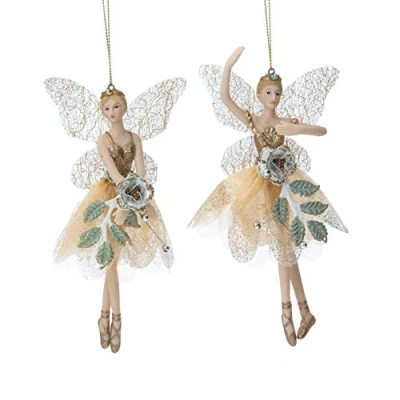 Image de Gisela Graham Résine et Tissu Fées aux Arbres Suspendus Environ 14 Centimeter Various Designs Set of 2 Assorted (Crème Or avec Houx)
