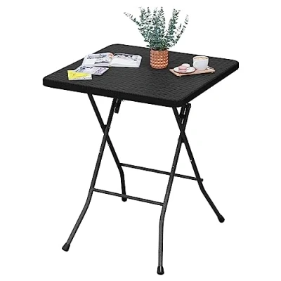 Image de eSituro Table de Jardin, Pliante 61x61x73cm, Balcon, d&#039;Appoint Pliable, Camping Basse Extérieure Terrasse, Aspect en Rotin, Noir SCPT0039