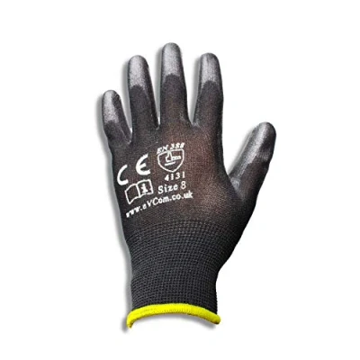 Image de eVCom Lot de 12 paires gants travail en nylon avec revêtement PU Noir