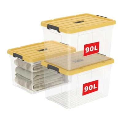 Image de Cetomo Lot de 3 boîtes rangement en plastique 90 L, fourre tout transparentes avec couvercle jaune durable et boucles verrouillage sécurisées, empilables emboîtables