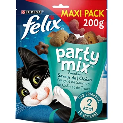 Image de FELIX Party Mix Adulte Friandises Pour Chat Saveur Océan Saumon, Colion et Truite Lot de 5 x 200 g