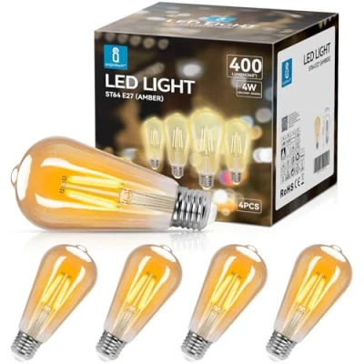 Image de Aigostar Ampoules Edison Vintage E27 4W,400 Lumens,Blanc Chaud 2200K,Lampe Décorative ST64,Idéal pour la Maison, Bars, Café, Restaurant,Non Dimmable,Lot de 4