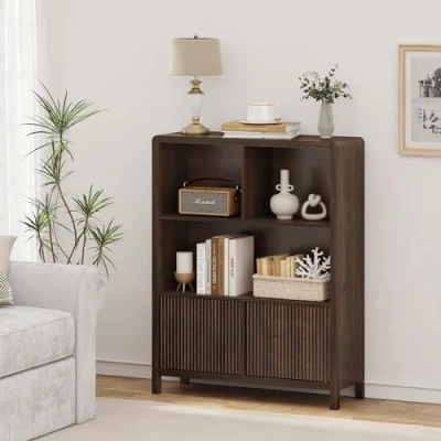 Image de [en.casa] Commode avec 2 Portes à Montage Flexible Système Push to Open 5 Compartiments de Rangement Spacieux Design Intemporel Stable pour Salon Chambre Bureau Entrée MDF 103 x 80 28 cm Effet Noyer