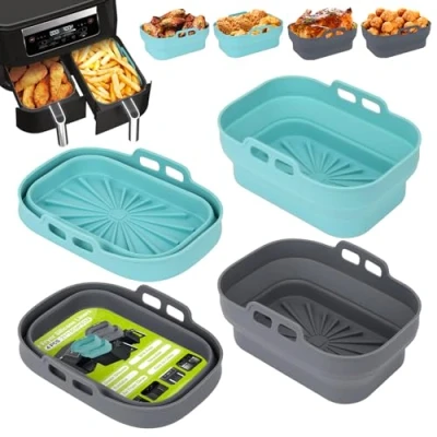 Image de Alyvisun Moule Silicone Air Fryer, 4 Pièces Moules pour Friteuse à Réutilisable Plat Airfryer Accessoire Rectangulaire Ustensiles Panier Chaud, Four, Microonde (Bleu+Gris)
