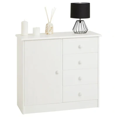 Image de IDIMEX Commode en pin Massif Blanc Rondo Buffet Meuble de Rangement avec 4 tiroirs et Une Porte