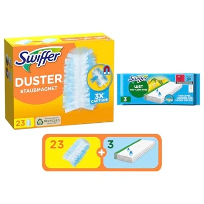 Image de Swiffer Kit Recharge Plumeau Et Balai, Inclus 23 Recharges Duster 3 Lingettes Humides Balais Swiffer, Attrape Retient Fois Plus De Cheveux Poussière Qu’un Ordinaire