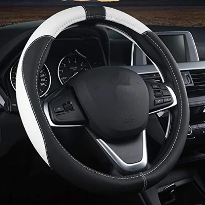 Image de Pahajim Couvre Volant Universel en Cuir Microfibre Housse Voiture Respirant et Antidérapant 38cm, Doux Confortable Durable Protege (Noir Blanc)