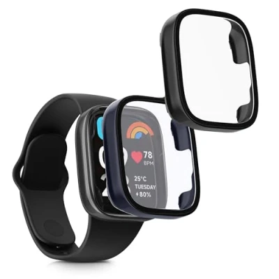 Image de kwmobile Coque Compatible avec Xiaomi Redmi Watch 3 Active/Redmi Lite 2X Étui Cadre écran en Verre trempé pour Fitness Tracker Noir Bleu foncé