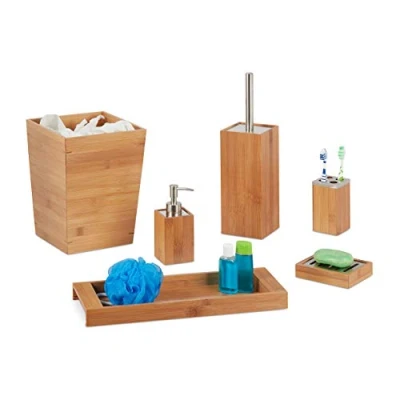 Image de Relaxdays Set salle de bain, 6 pcs, bambou, distributeur, porte savon, balai WC, brosses dents, support, poubelle
