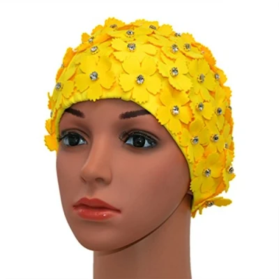 Image de Medifier Bonnet de bain pour femme Style rétro floral à strass, femme, jaune, taille unique