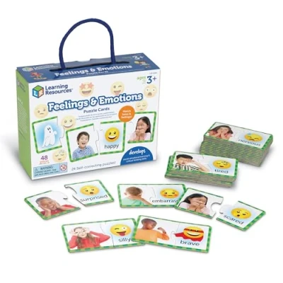 Image de Learning Resources Cartes de puzzle des émotions , 48 pièces, aptitudes sociales, matériel d’orthophonie, jouets et jeux d’apprentissage socio émotionnel pour enfants, à partir 3 ans