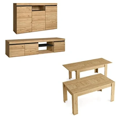 Image de Skraut Home Ensemble de Meubles modèle Naturale Table Extensible 140x90x76, Buffet 140x40x80, Meuble TV 160x40x41 Finition Mélamine Couleur Chêne/Noir