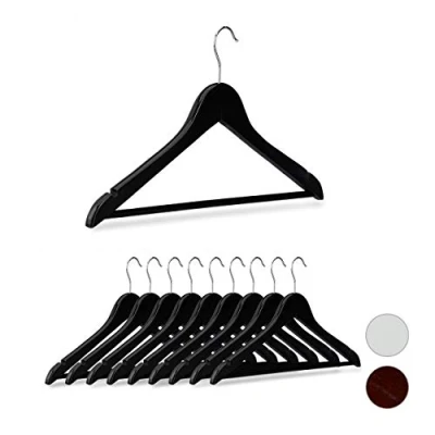Image de Relaxdays 10026466_46 Cintre en bois set de 10, Traverse pantalon 44,5 cm, Encoche robe jupe chemise, Crochet pivotant 360, noir, fer, 22,5 x 1cm