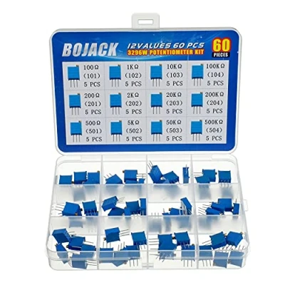 Image de BOJACK 12 Valeurs 60 pièces 100 à 500K ohm. Kit d&#039;assortiment de potentiomètres ajustables multiturnes 3296W dans une boîte en plastique transparente