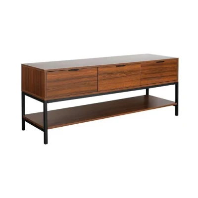 Image de sweeek Meuble TV décor Noyer L130cm avec piètement et poignées en métal Noir 3 tiroirs 1 étagère inférieure