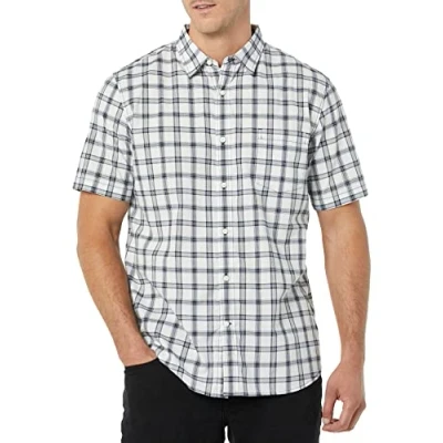 Image de Amazon Essentials Chemise en Popeline à Manches Courtes Coupe Ajustée Homme, Bleu Marine Blanc Écossais, XS