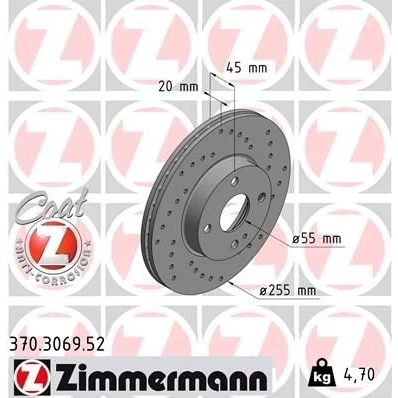 Image de ZIMMERMANN SPORT COAT Z 370.3069.52 Disque de frein 255 20 5/4 4 100 ventilé l&#039;intérieur, troué revêtu MAZDA: MX 5 2, I