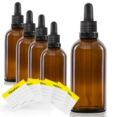 Image de Oputec Lot de 5 bouteilles à pipette en verre marron 100 ml avec + 10 étiquettes Flacons pharmacie pour aromathérapie, cosmétique, compte gouttes protégé la lumière,