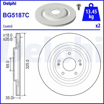 Image de DELPHI BG5187C Disque de frein 325 20 5 ventilé revêtu non traité sans roulement roue, bague ABS HYUNDAI: Santa Fé IV