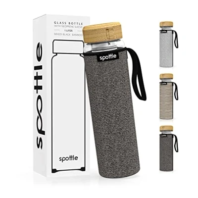 Image de spottle Bouteille à Thé en Verre avec Infuseur Acier Inoxydable Borosilicate Double Paroi, Infusion Froid Housse Néoprène, Lavable au Lave Vaisselle, 1L