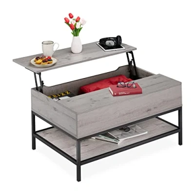 Image de Relaxdays Table avec Plateaux relevables et Surface de Rangement, pour Salon, Aspect Bois, HLP 45,5x90x60 cm, Gris/Noir