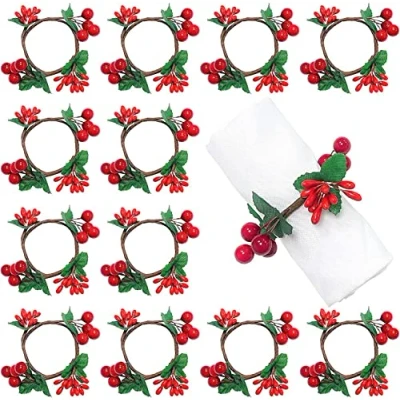 Image de KAHEIGN 12 Pièces Ronds de Serviette Noël, Porte Serviettes Aux Fruits Rouges Boucle Rustique pour Décoration Table Noël Déjeuner Thanksgiving Nouvel an Saint Valentin Mariage