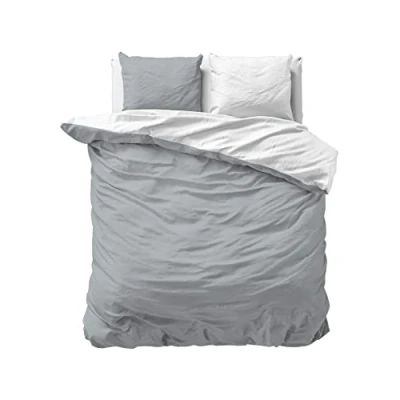 Image de Sleeptime Parure de lit 200 x cm 100% Coton Blanc/Gris Housse Couette 2 Personnes Douce Sans Repassage avec Fermeture Éclair Linge Lits Bicolore Taies d&#039;Oreiller 80
