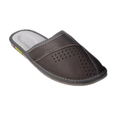 Image de APREGGIO Pantoufles Homme en Cuir Fait Main Chaussons avec Semelle Basse d&#039;Été à bout fermé Noir Pointure 45 EU