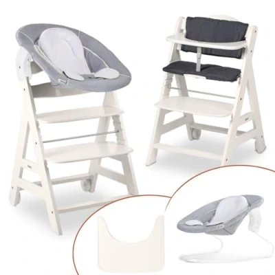 Image de hauck Chaise Haute Bebe Bois Beta Plus Newborn Set, dès Naissance Évolutive avec Transat Inclinable, Tablette, Coussin d&#039;Assise et Réducteur Blanc Stretch Gris