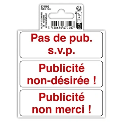 Image de Exacompta Réf. 67040E 1 pictogramme adhésif Pas de pub. s.v.p. Publicité non désirée ! merci En vinyle PVC traité anti dérapant et résistant aux UV Dimensions : 10 x cm