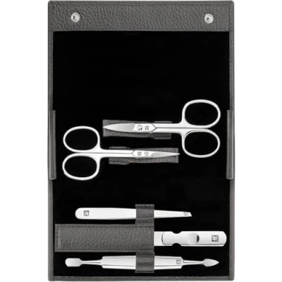 Image de ZWILLING Manucure kit (5 pièces, soins des ongles et pédicure avec étui en cuir véritable ciseaux à cuticules), Acier inoxydable poli, Anthracite