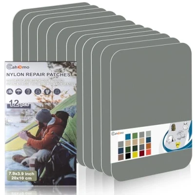 Image de Patch en nylon autocollant, Cahomo 12 Pièces 20X10 cm de réparation imperméable tissu autocollant reparation, pour veste, tentes, doudoune, sac couchage, sacs à dos Gris Clair