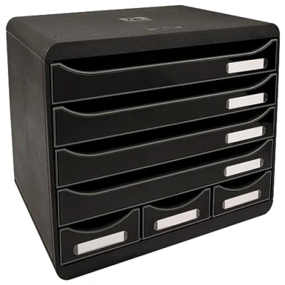 Image de Exacompta Réf. 307714D STORE BOX Caisson 7 tiroirs, 4 tiroirs pour documents A4+ et 3 MINI Dimensions extérieures : Profondeur 27 x largeur 35,5 Hauteur 27,1 cm Noir/noir glossy