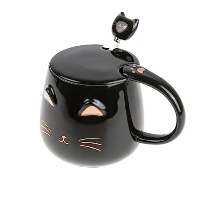 Image de lachineuse Tasse Chat Kawaii 450ml Mug avec Couvercle &amp; Cuillère Coloris Noir Or en Céramique à Infusion Thé Café Originale Japonaise Idée Cadeau Japon Asie Kitty Mignon