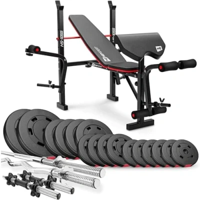 Image de Hop Sport Banc de Musculation Pliable HS 1055 avec Pupitre Curl, Papillon, Presse à jambes et Set disques poids en plastique 74 kg alésage 31 mm barres d&#039;haltères barre curl