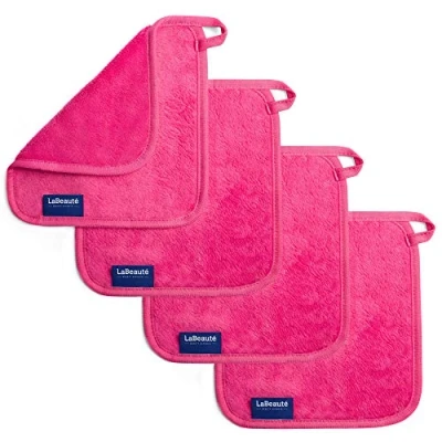 Image de LaBeauté Serviettes microfibres démaquillantes visage (4 pièces) Nettoyantes et Lingettes lavables réutilisables (21 x 21 cm, rose)