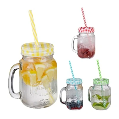 Image de Relaxdays Jarres avec Paille et Couvercle, en Lot de 4, Volume : 500 ML, Design rétro, Verre Anse, Multicolore