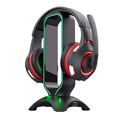 Image de Trust Gaming GXT 265 Cintar Support pour Casque Gamer, Porte RGB, Bords Éclairés par LED avec Rythme 2 Ports USB, Pieds Antidérapants, Accessoire Bureau Noir