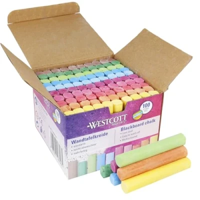 Image de Westcott Craies 100 pièces colorées pour tableau noir de 1,2 cm diamètre dans des couleurs vives Peu poussiéreuses et faciles à effacer 8,5 long E 744987 00