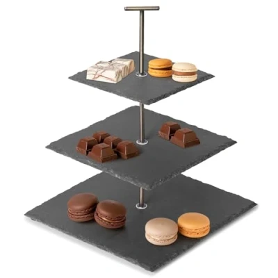 Image de Navaris Plateau aperitif Presentoir a gateau carré en ardoise naturelle noir à 3 étages 25 x 34,2 cm de service fromage charcuterie verrines macaron cupcake