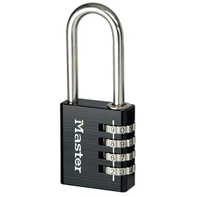 Image de Master Lock 7640EURDBLKLH Cadenas à Combinaison Programmable en Aluminium avec Anse Longue, Noir, 4 x 10,2 1,5 cm