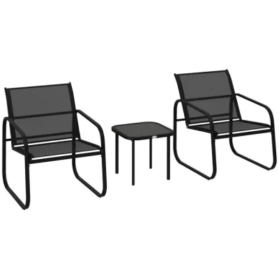 Image de Ensemble bistrot de jardin 3 pièces Outsunny 2 chaises en maille et table basse verre trempé noir