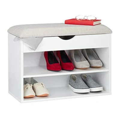 Image de Relaxdays Banc à Chaussures, Garde Robe rembourré, 3 Compartiments, Rabattable, Etagère, siège, 45x62x30cm, Mousse