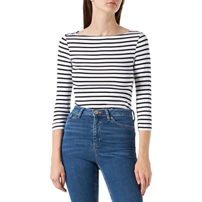 Image de Amazon Essentials T Shirt Col Bateau Uni Coupe Ajustée à Manches 3/4 Femme, Blanc Rayures, M