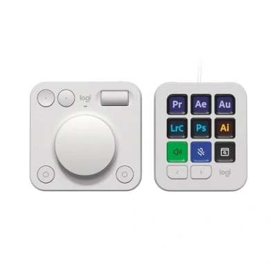Image de Logitech MX Creative Console, keypad programmable avec 9 touches LCD personnalisables et molette de commande pour la conception graphique, le montage vidéo, photographie Gris clair