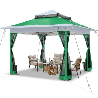Image de VOUNOT Tonnelle de Jardin Extérieur 3.6x3.6m Pop up avec Moustiquaire Barnum Anti UV Respirable Tente Réception Cadre en Acier Toits Doubles Belvédère Terrasse Vert