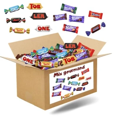 Image de MIX GOURMAND Assortiment de 100 mini chocolats Mars, Snickers, Bounty, Twix, Milka, Daim, Toblerone Boite à partager 750g pour les anniversaires et fêtes