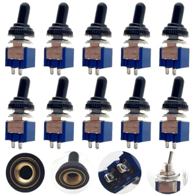 Image de CESFONJER 10 Pièce Mini Interrupteur à Bascule, AC 125V/6A, 250V/3A 2 Pin SPDT ON Off Broches Position a Bascule Autobloquant pour Pièces D&#039;auto (Bleu + Pcs Waterproof Cap)